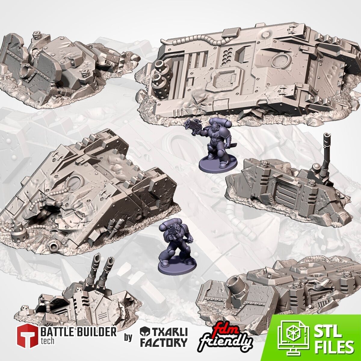 3D printing Crashed Tanks Terrain War Games Scenery